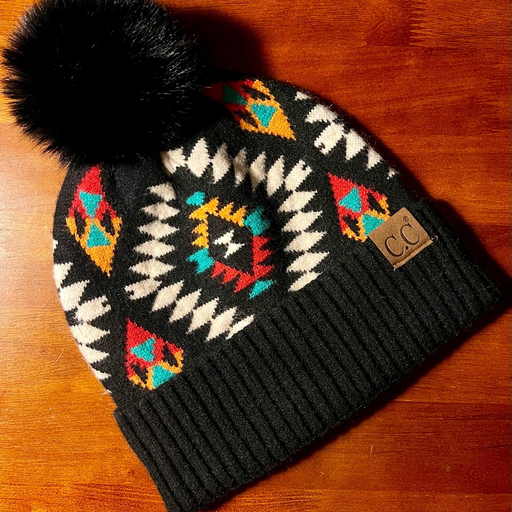 NWOT C.C Women’s Pom Pom Beanie - Black and Multicolor